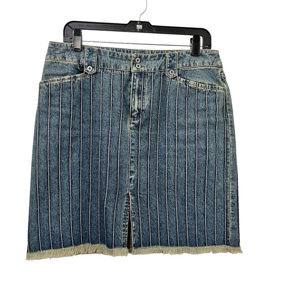 VTG Ralph Lauren Denim Mini Skirt Size 10 Blue Southwestern Y2K Slit Fringe Hem - Picture 1 of 6